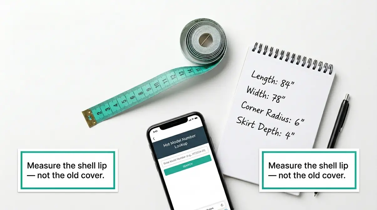 How to Choose a Hot Tub Cover: 5 Steps That Last 2 Hot tub cover measuring tools including flexible tape, notepad with dimensions, and model number reference