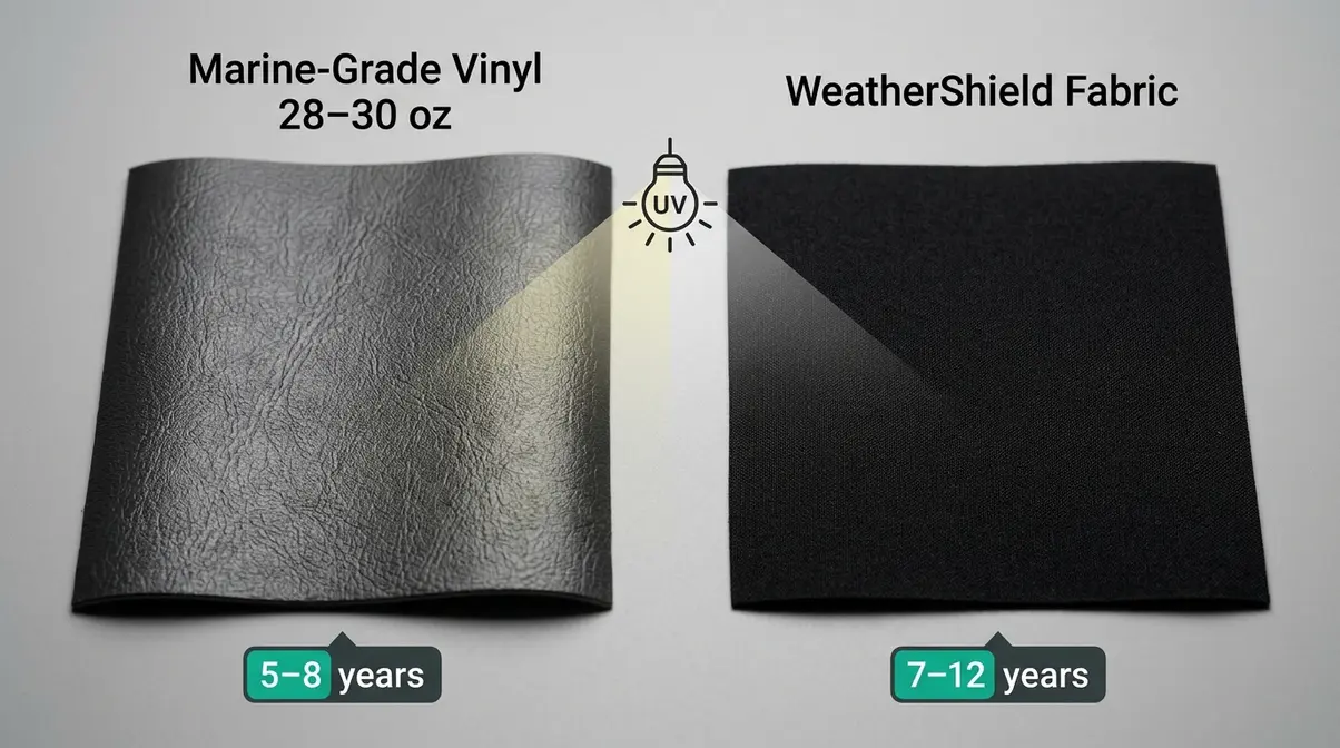 How to Choose a Hot Tub Cover: 5 Steps That Last 6 Marine-grade vinyl versus WeatherShield hot tub cover material samples showing texture and UV resistance difference