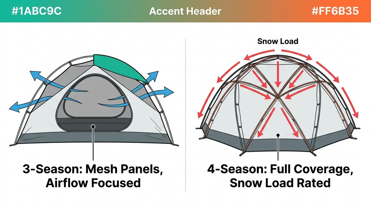 Cross-section comparison of 3-season and 4-season tent structures showing pole design and mesh panel differences