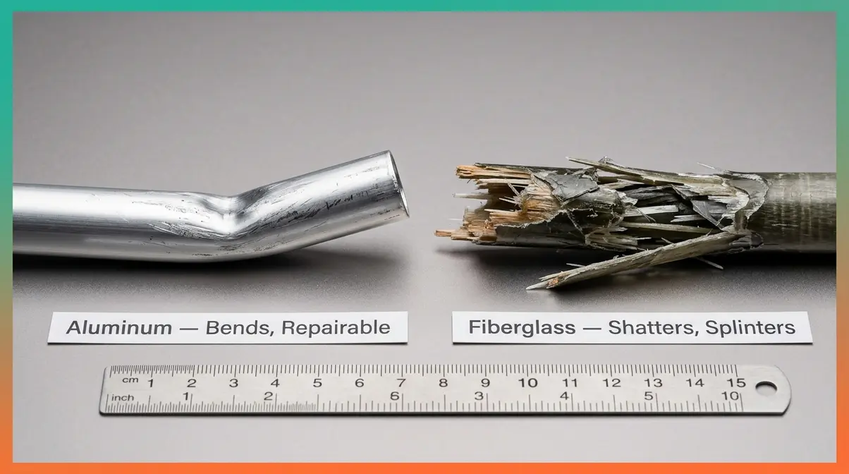 Aluminum tent pole bent but intact versus shattered fiberglass tent pole showing failure mode difference