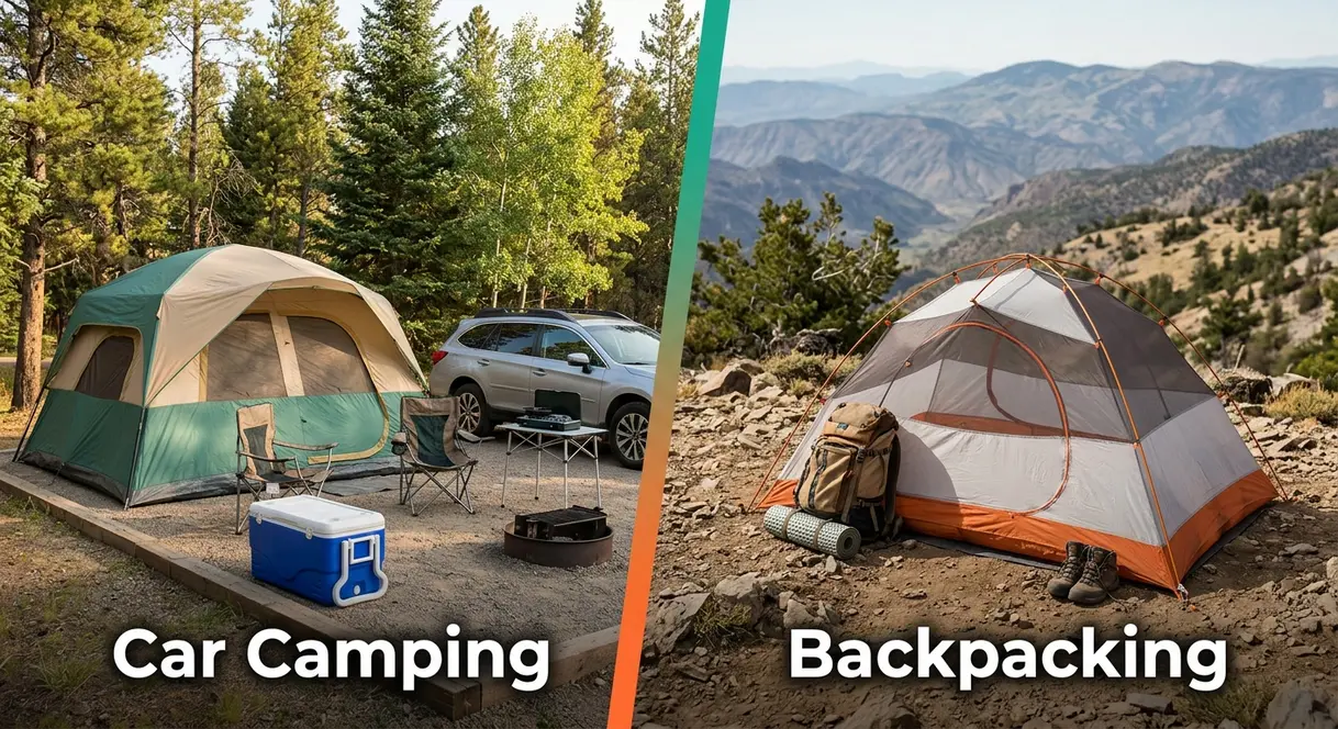 Side-by-side comparison of car camping tent and backpacking tent setup at different campsites