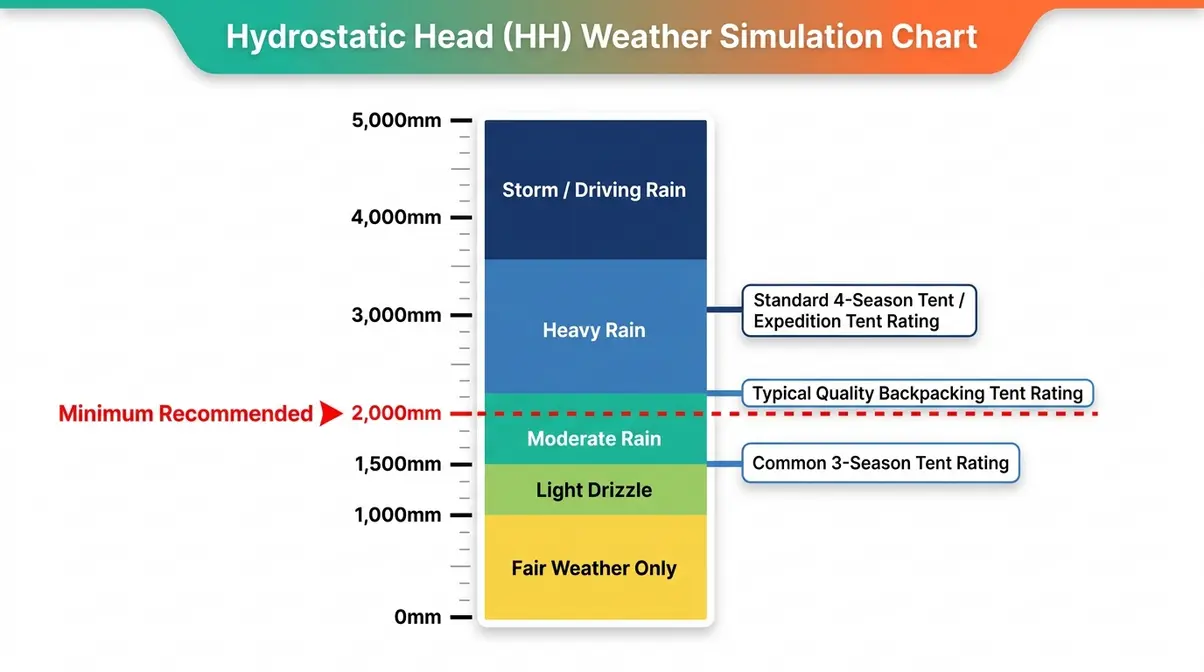 Hydrostatic head weather chart showing how to choose a tent for camping based on HH waterproofing ratings for different rain conditions