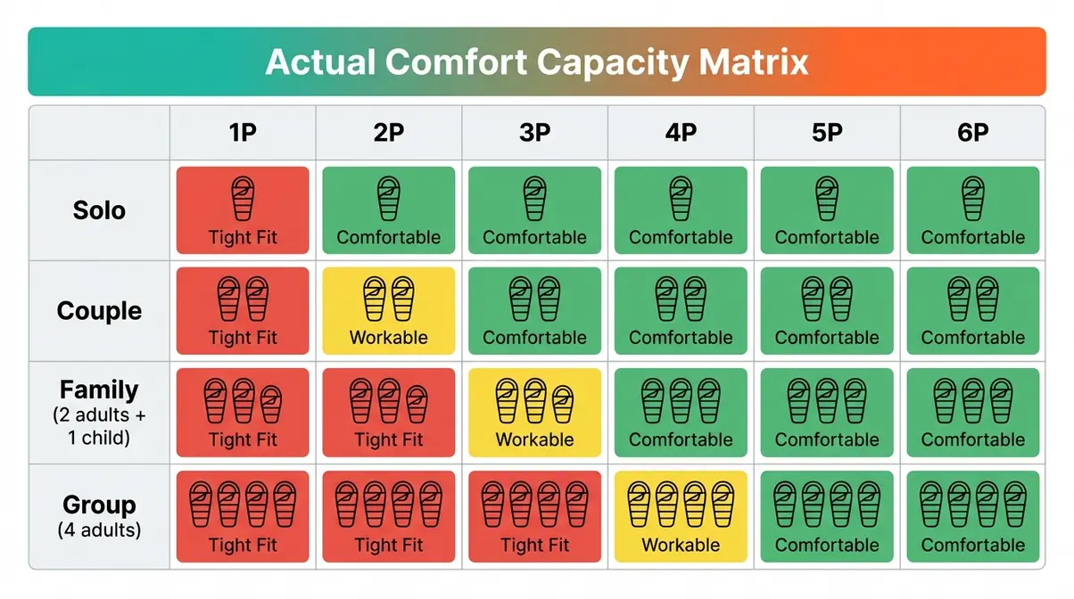 Actual comfort capacity matrix showing how to choose a tent for camping based on real sleeping space vs. rated capacity