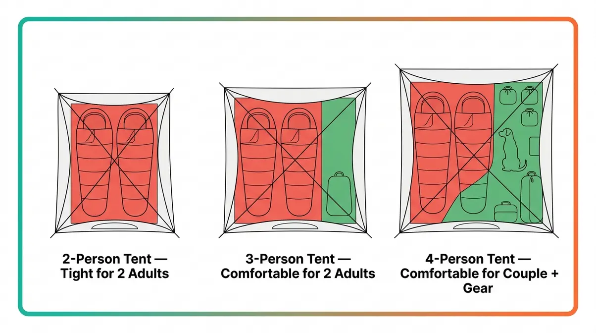 Overhead floor plan comparison of 2-person, 3-person, and 4-person tent sizes showing real sleeping space