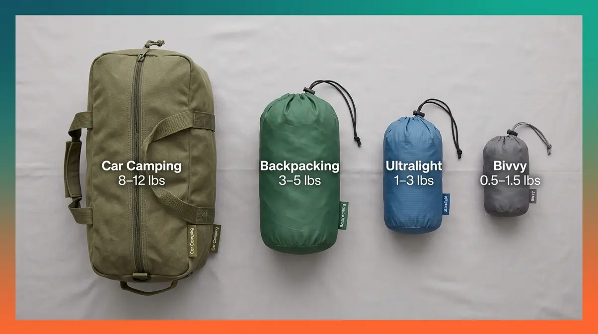 Four tent stuff sacks showing packed size comparison from car camping to ultralight bivvy options