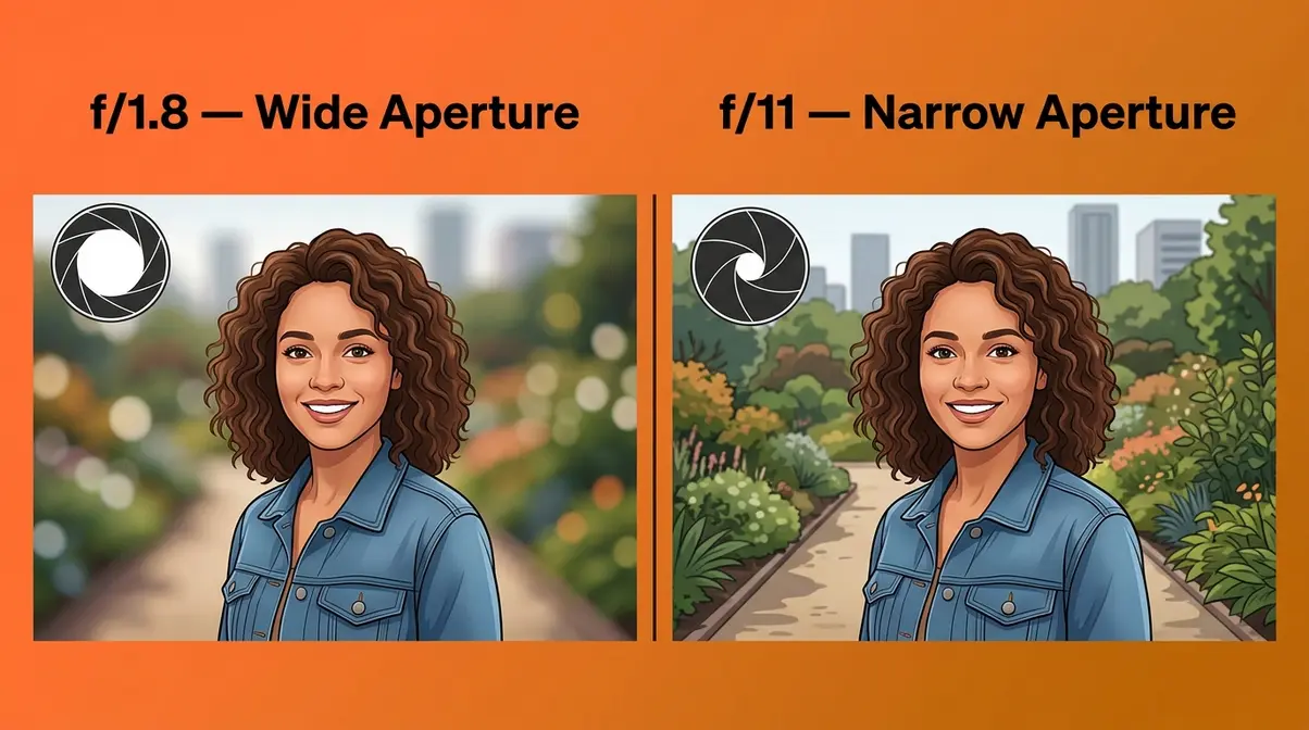Aperture and depth of field explainer showing f/1.8 bokeh versus f/11 sharp background comparison
