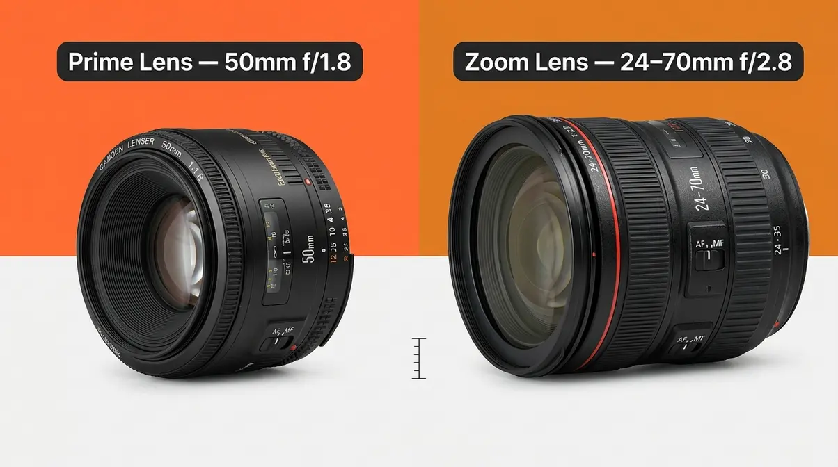 Prime lens versus zoom lens size and build comparison showing 50mm prime and 24-70mm zoom side by side