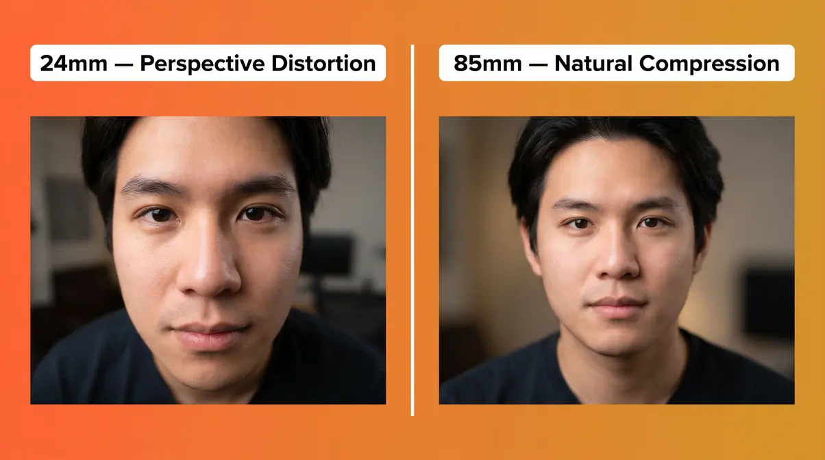 Wide-angle vs telephoto portrait comparison showing focal length distortion effects
