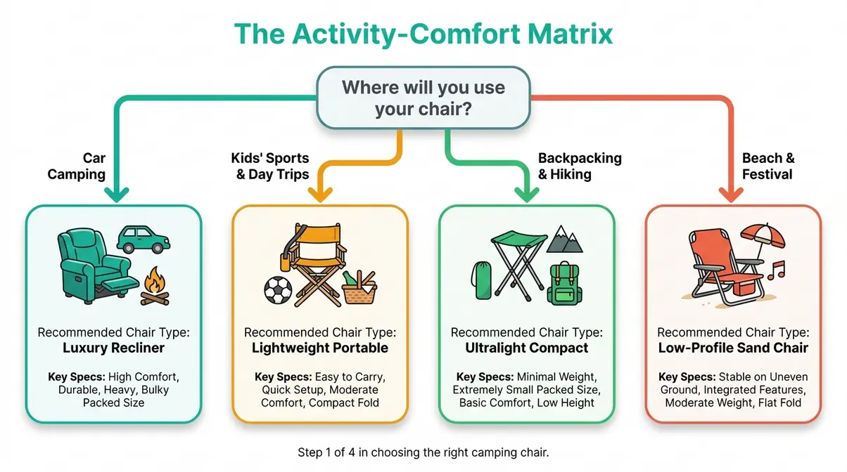 Flowchart decision tree mapping outdoor activities to ideal camping chair types for beginners