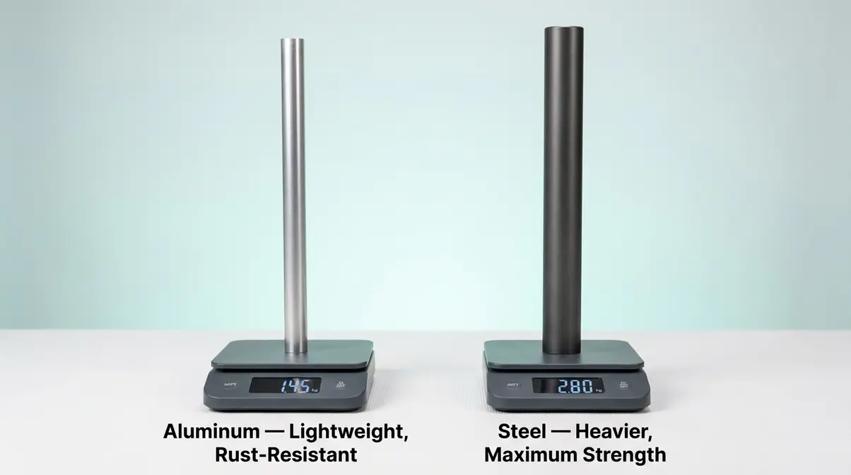 Close-up comparison of aluminum and steel camping chair frame tubes showing weight and strength difference