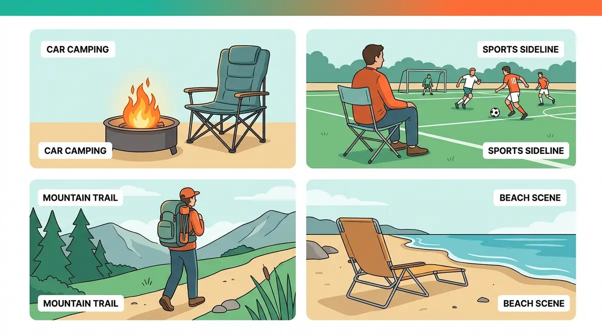 Four activity scenarios matched to ideal camping chair types for car camping, sports, hiking, and beach use