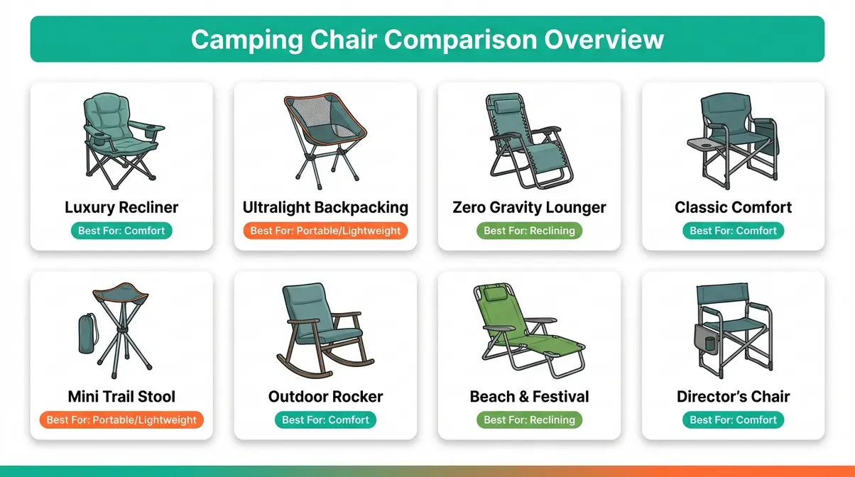 Infographic comparing eight recommended camping chairs for beginners selecting outdoor seating