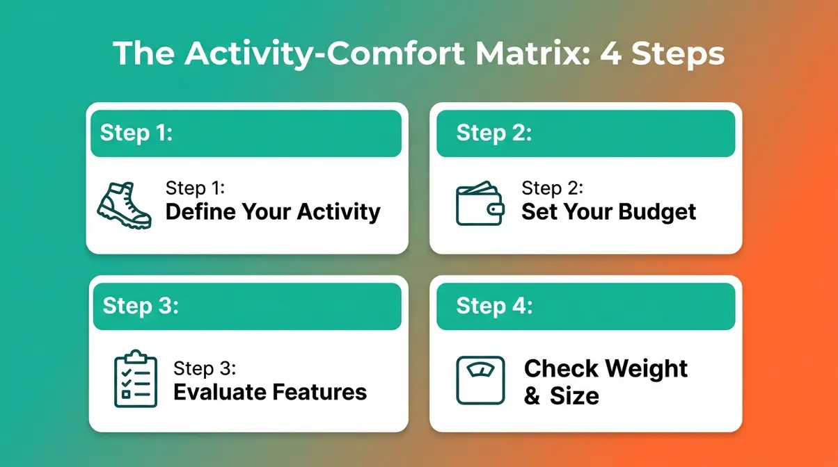 Four-step camping chair decision framework cards showing activity, budget, features, and weight considerations