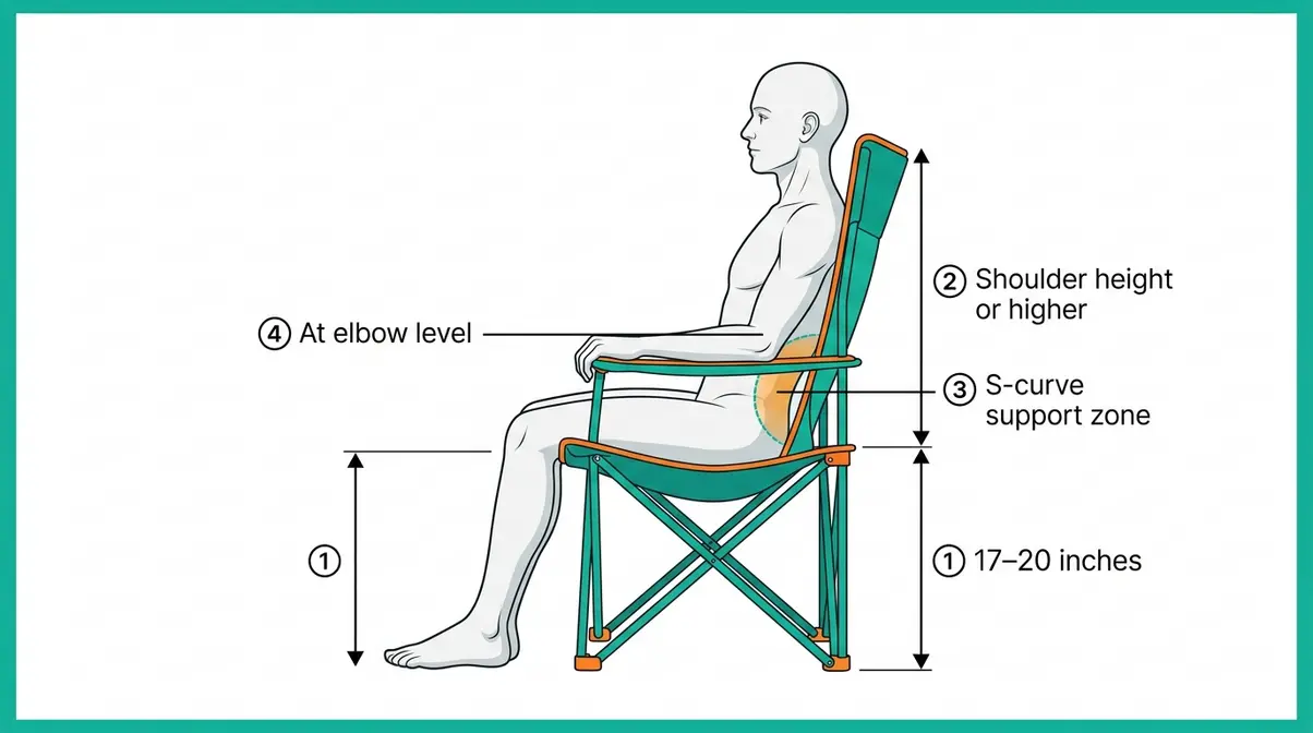 Ergonomic diagram of a camping chair showing seat height, lumbar support, back height, and armrest position
