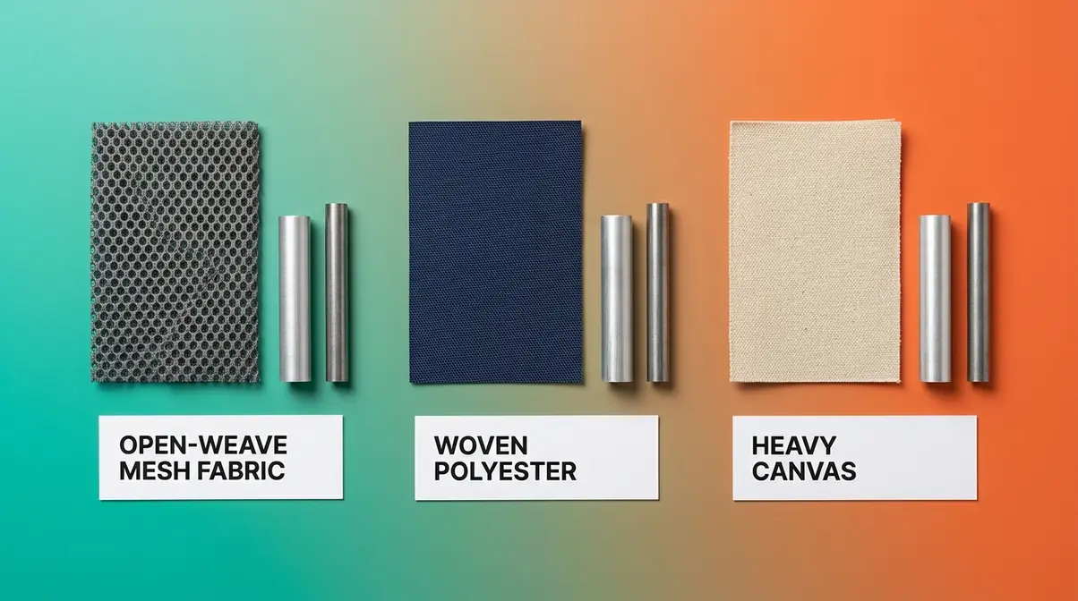 Camping chair fabric and frame material samples comparing mesh, polyester, canvas, aluminum, and steel