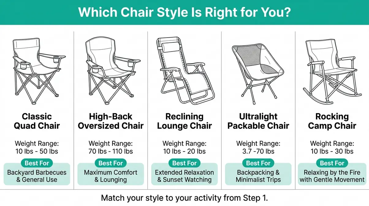 Five camping chair styles compared side by side showing quad, high-back, reclining, ultralight, and rocking designs