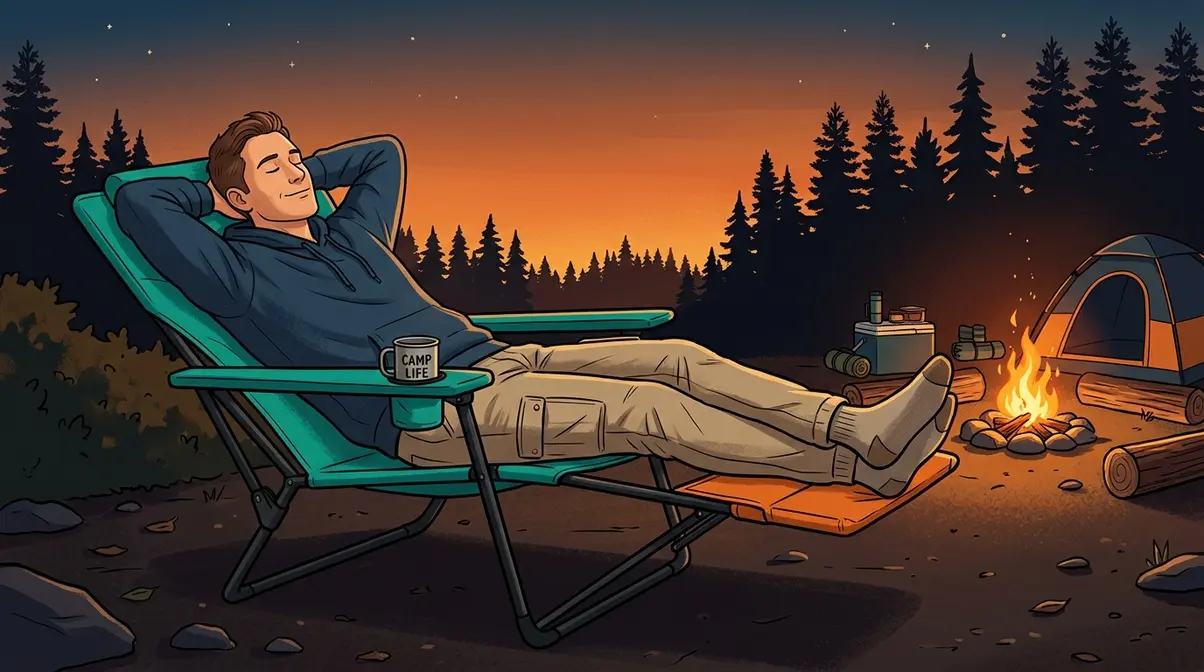 Adult reclined in a multi-position camping chair with footrest extended at an evening campsite