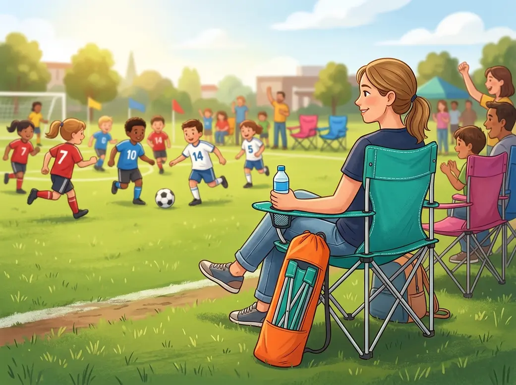 Parent seated in a lightweight folding camping chair on a youth soccer sideline with carry bag visible