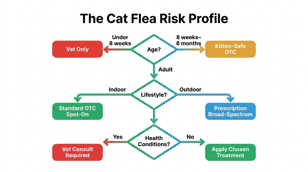 Decision flowchart for choosing the right flea treatment for cats based on age, lifestyle, and health status