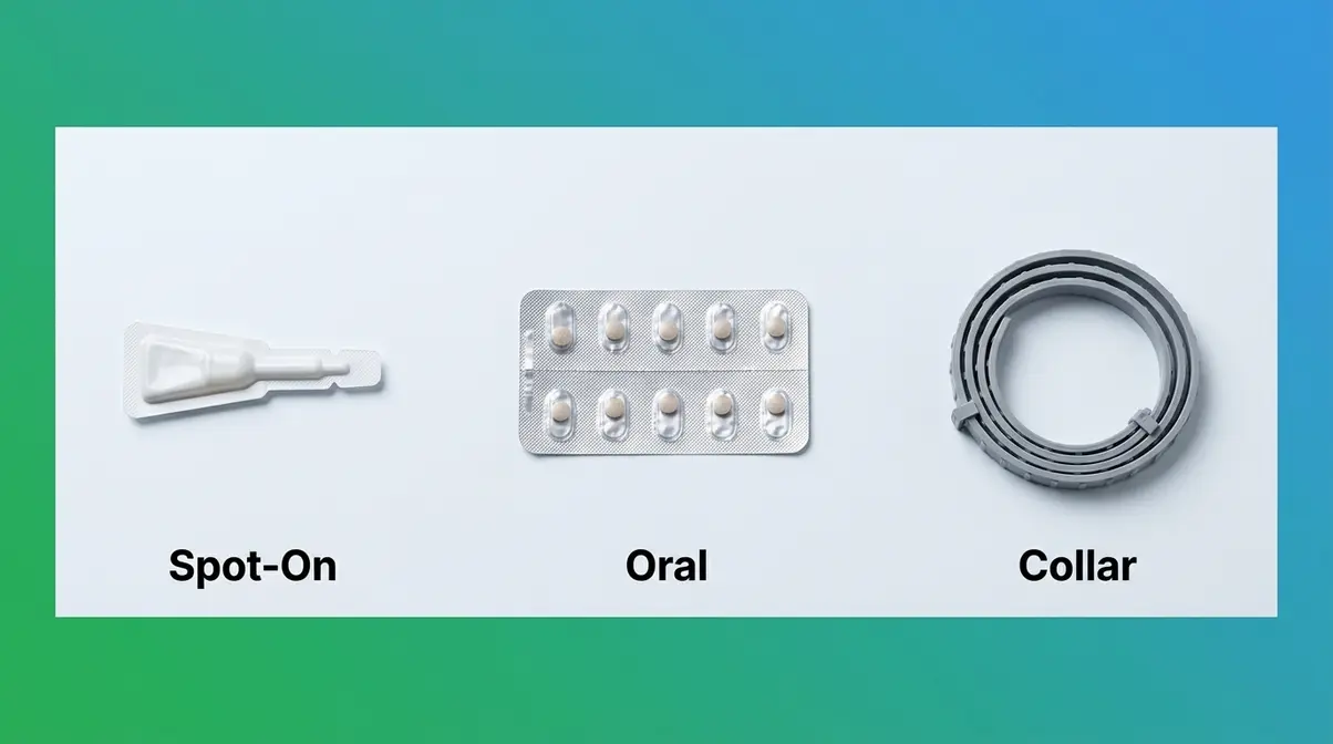 Three types of cat flea treatment side by side — spot-on pipette, oral tablet, and flea collar