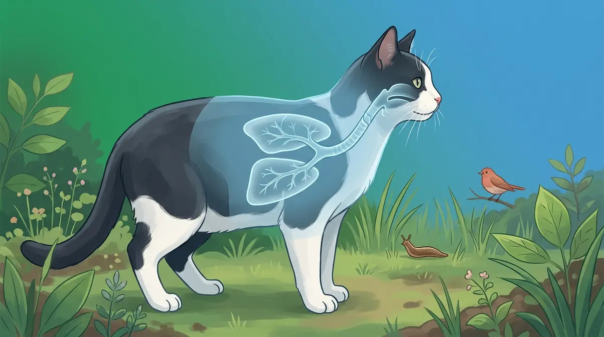Cat in a garden with an anatomical overlay showing the respiratory system affected by feline lungworm infection