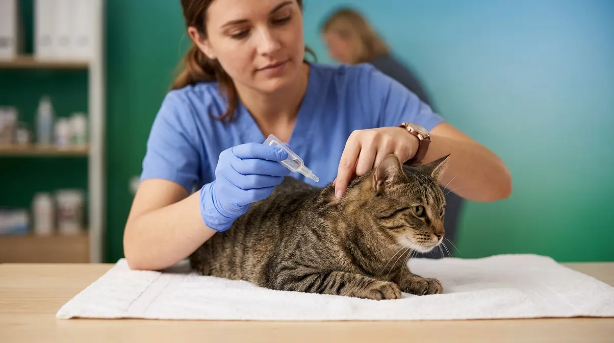 Person parting a cat's neck fur and applying spot-on flea treatment correctly at the base of the skull
