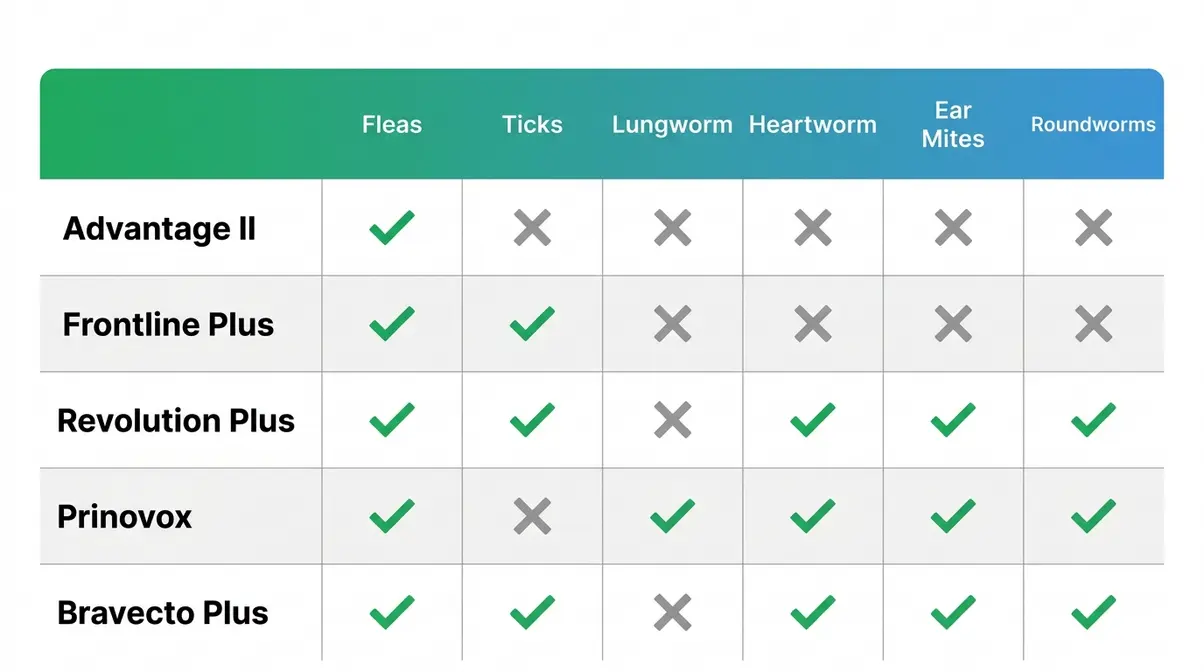Comparison chart showing which flea treatments for cats also cover lungworm, ticks, heartworm, and other parasites