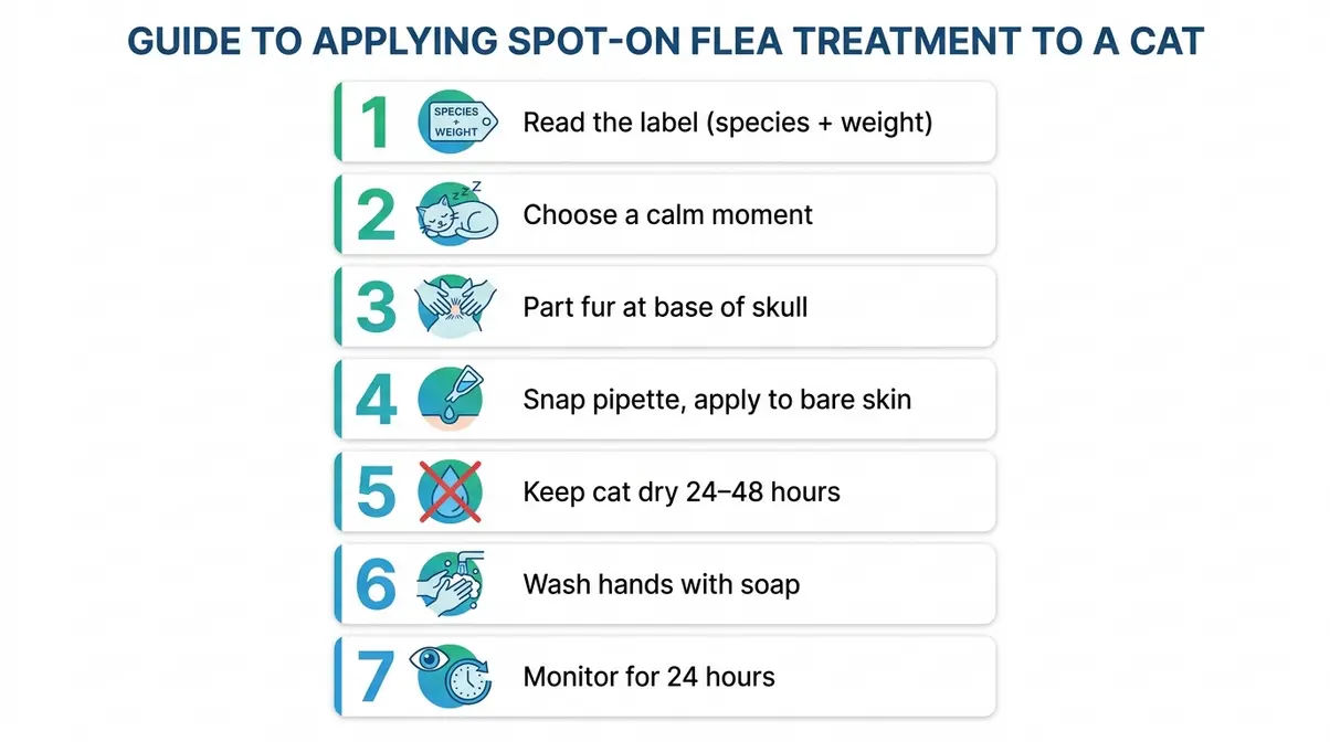 Seven-step illustrated guide showing how to apply spot-on flea treatment for cats correctly