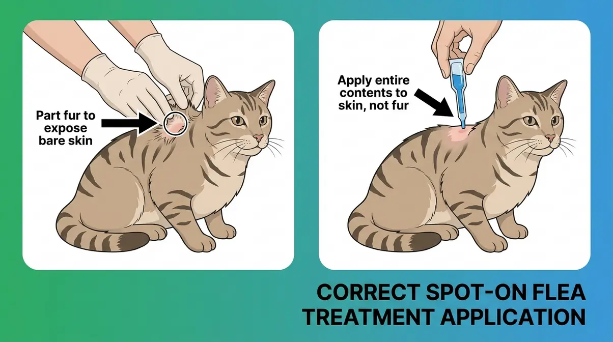 Step-by-step diagram showing correct application of spot-on flea treatment for cats at the base of the neck