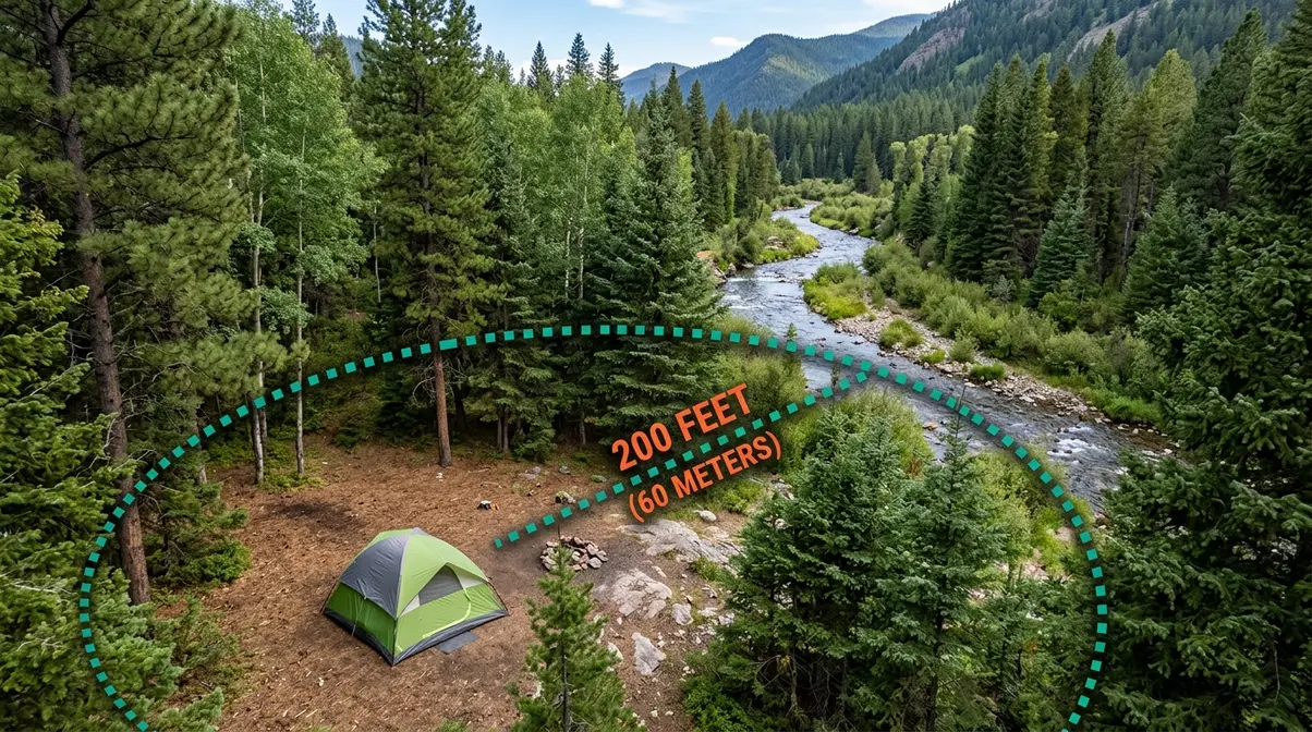 Campsite pitched 200 feet from a mountain stream illustrating the Leave No Trace water distance rule