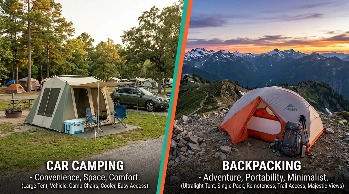 Side-by-side comparison of car camping cabin tent and backpacking dome tent showing activity-based tent selection