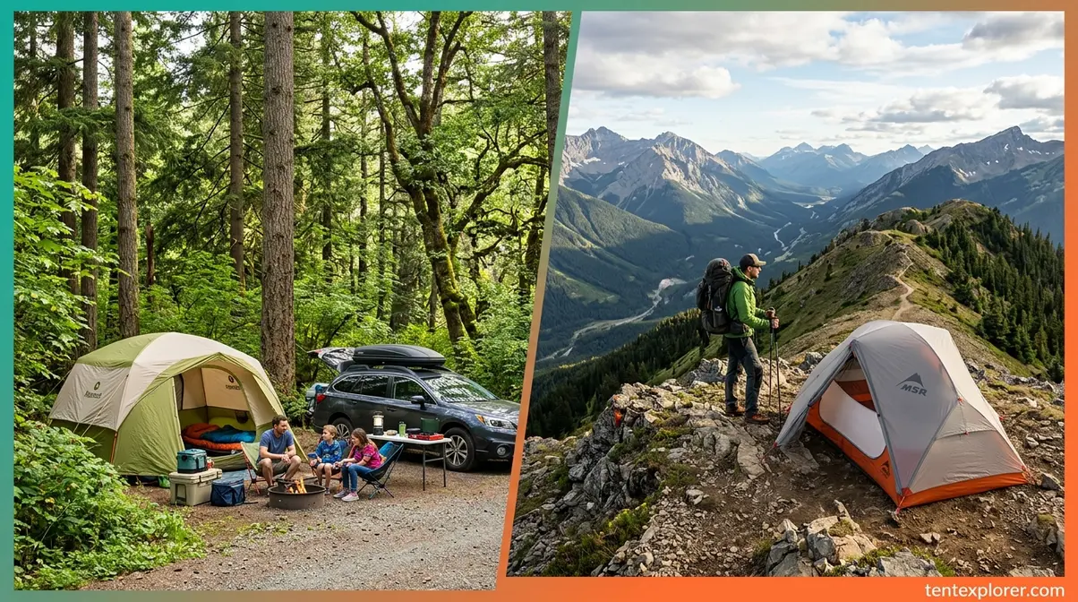 Car camping tent versus lightweight backpacking tent setup in the wilderness