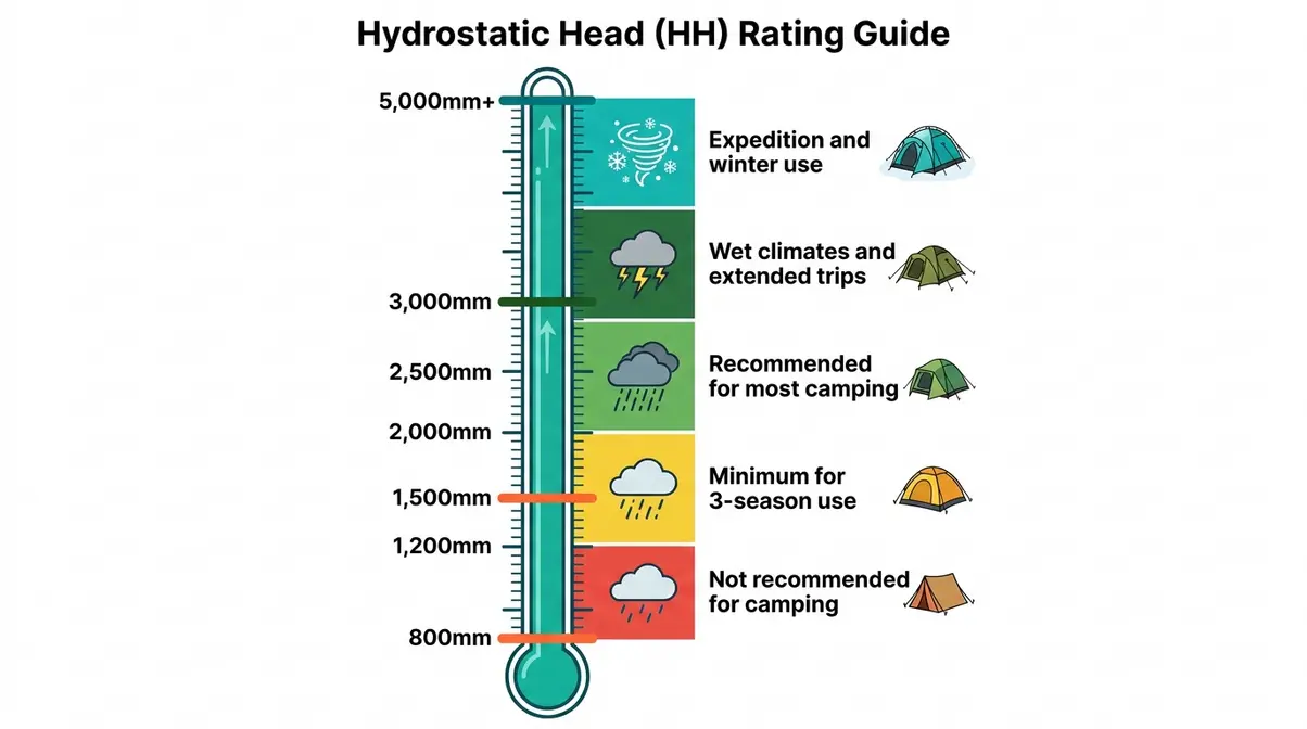 Hydrostatic Head waterproof scale from 800mm to 5000mm with weather condition icons at each rating threshold