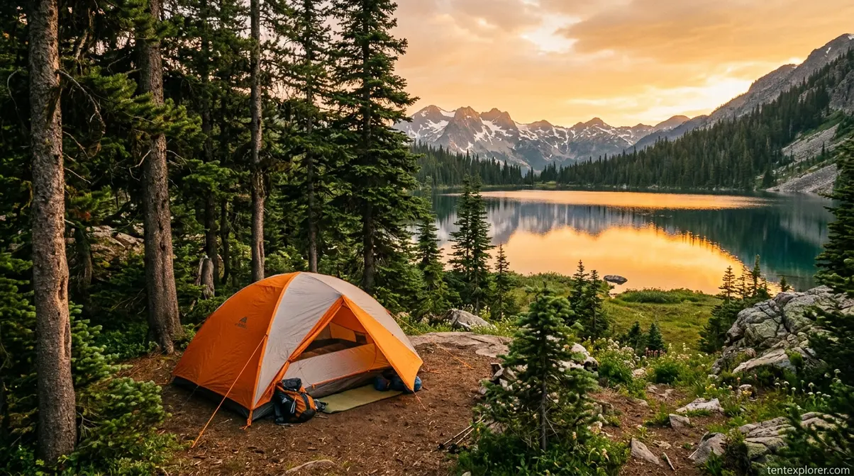 Ideal camping tent setup located 200 feet away from a mountain lake
