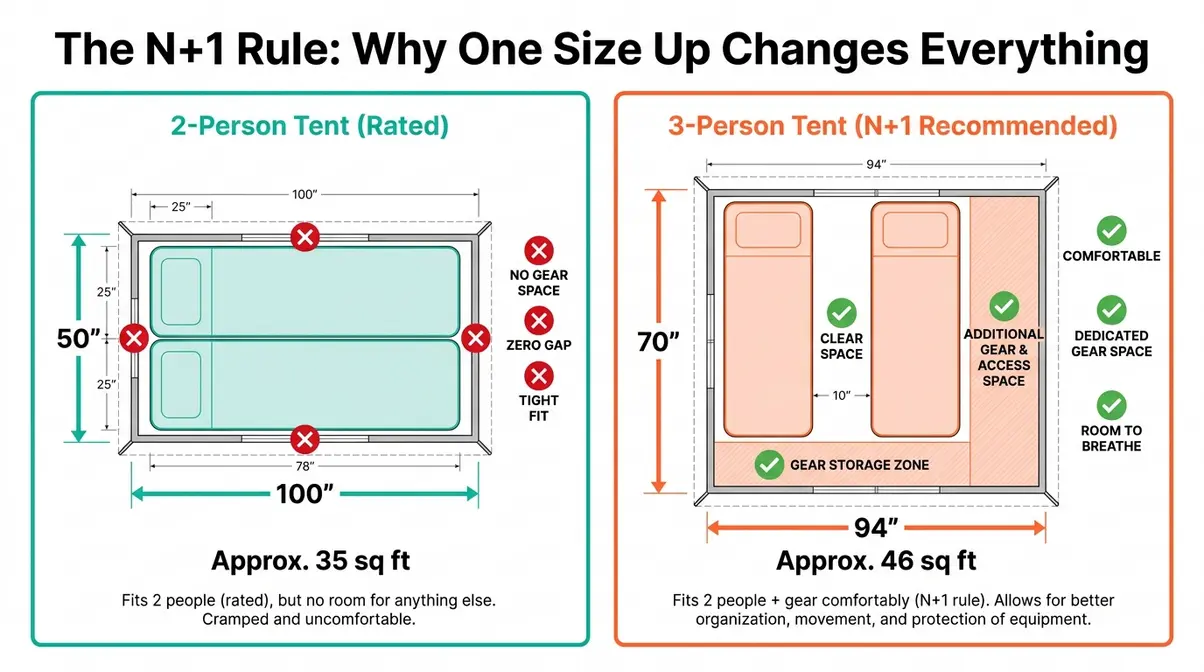 Top-down floor plan comparing 2-person and 3-person tent layouts showing N+1 Rule gear space difference