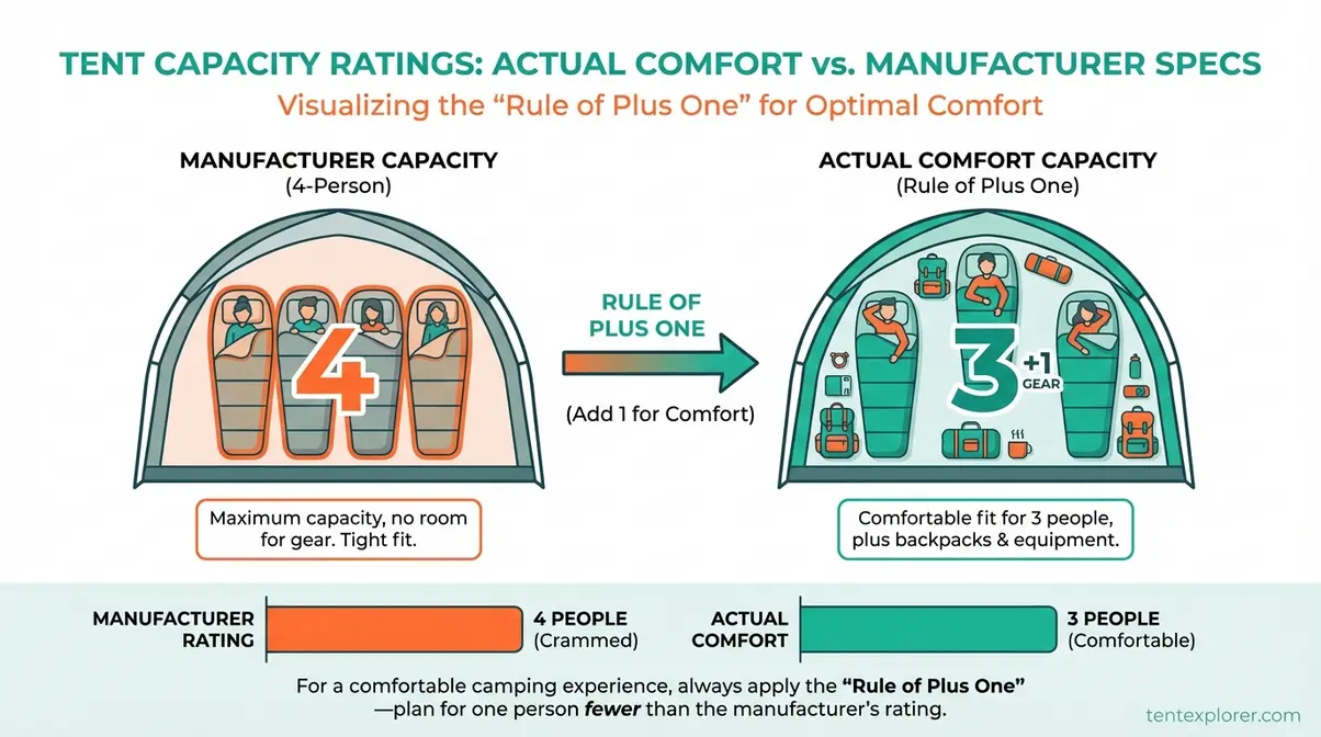 Infographic showing tent capacity ratings versus actual comfortable sleeping capacity