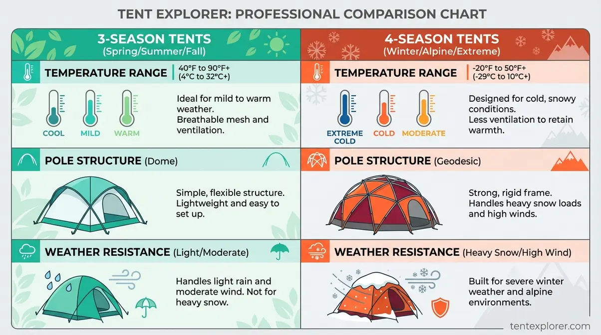 Comparison chart showing 3-season versus 4-season camping tent weather resistance