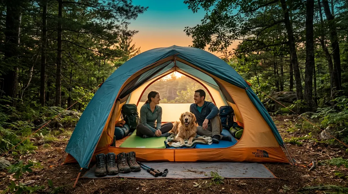 Two campers and a dog inside a spacious 3-person tent demonstrating correct N+1 Rule tent sizing