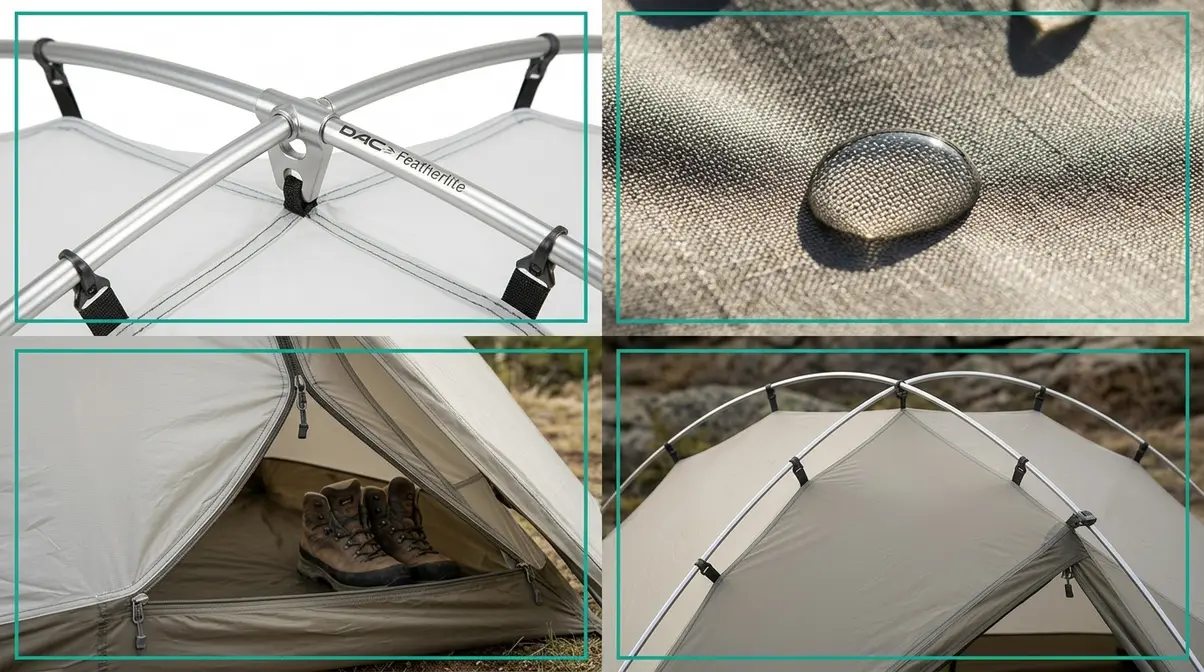 Four-panel close-up of key tent features: aluminum poles, waterproof fabric, vestibule storage, and dome structure