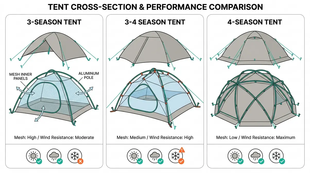 Side-by-side comparison of 3-season, 3-4 season, and 4-season tent pole structures and mesh coverage