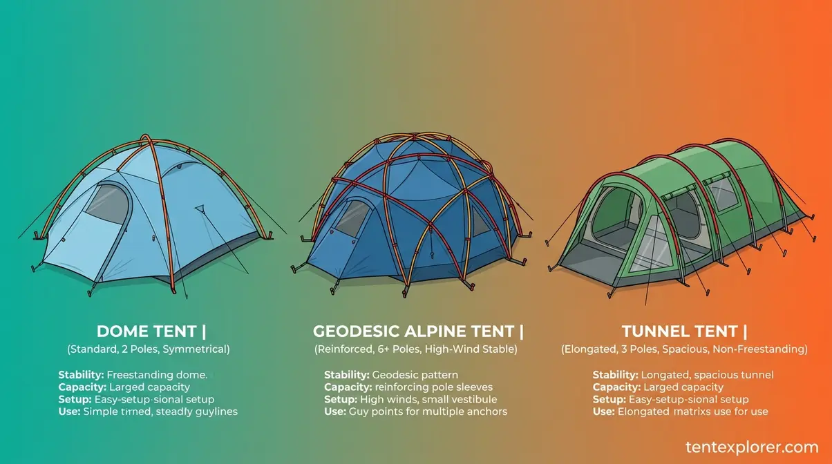 Comparison of dome geodesic and tunnel tent shapes for different camping conditions