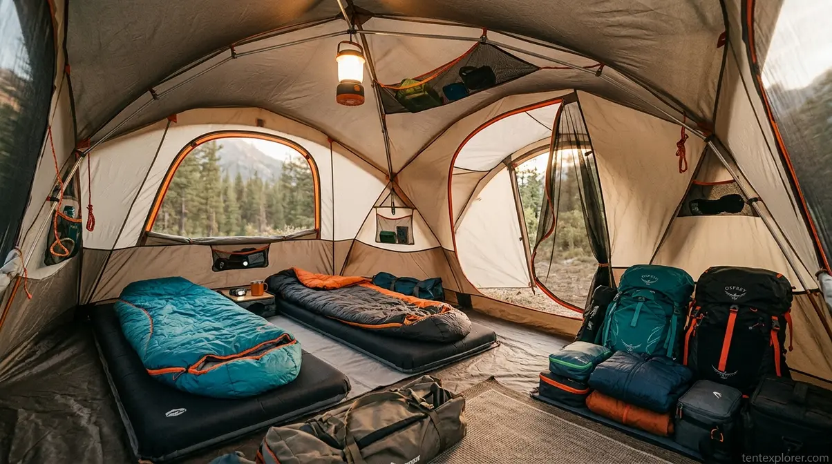 Spacious four person camping tent interior showing comfortable sleeping arrangements