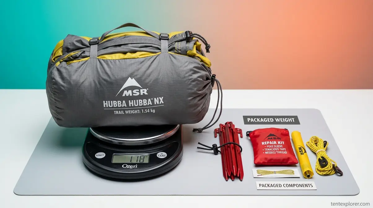 Ultralight backpacking tent components being weighed on a digital trail scale