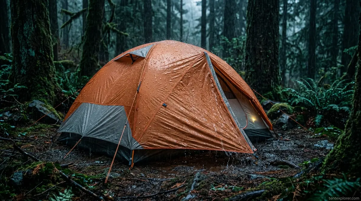 Three season camping tent with full coverage rainfly in wet conditions