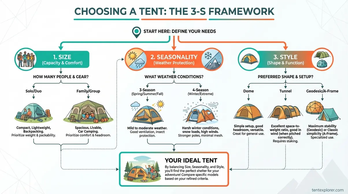 How to choose the right tent using the 3-S framework decision flowchart