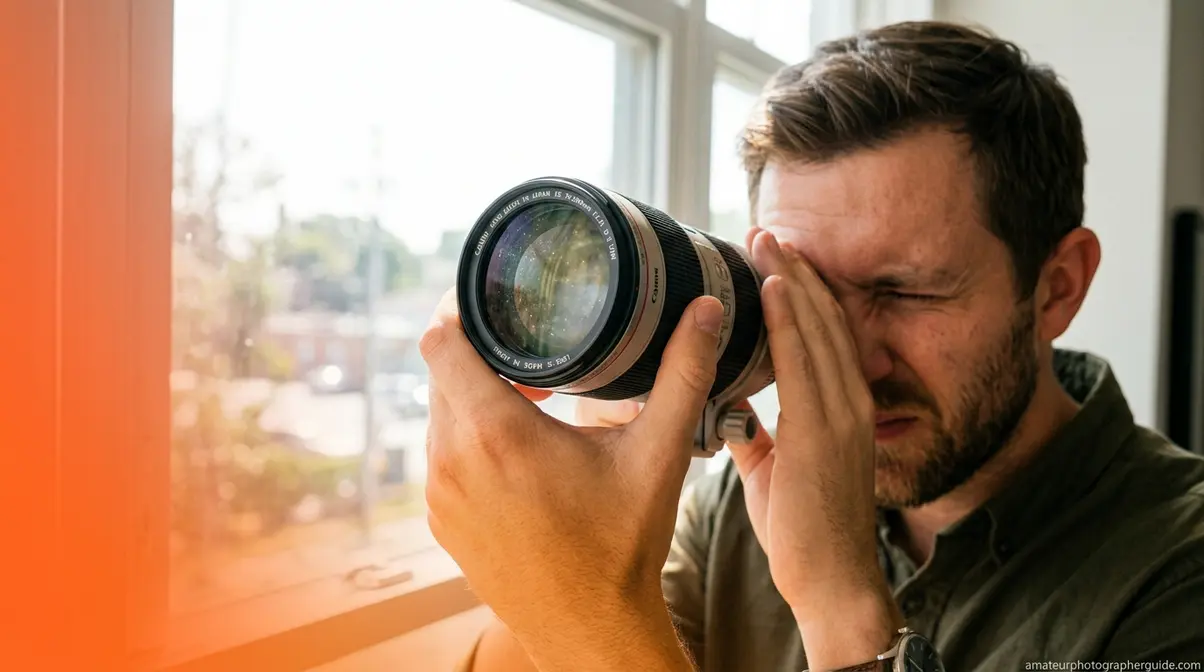 Photographer holding camera lens up to window light at 45-degree angle to diagnose blurry or foggy lens