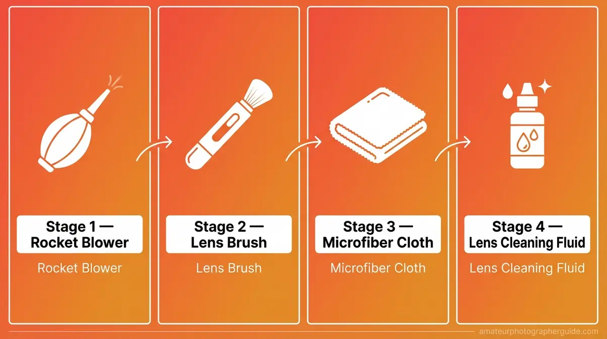 Diagram of four essential camera lens cleaning tools: rocket blower, lens brush, microfiber cloth, and cleaning fluid