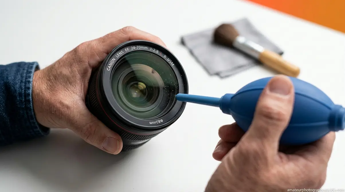 Photographer using a rocket blower to clean a detached DSLR camera lens at 45-degree angle