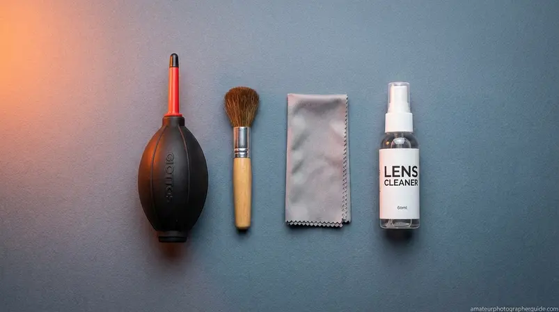 Essential camera lens cleaning tools including blower and microfiber cloth