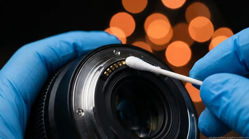 Cleaning gold electronic contacts on camera lens mount